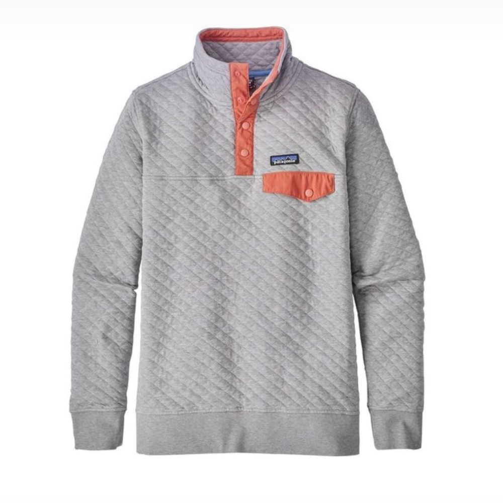 Patagonia Gray and Coral Quilted Crew Neck Sweater
